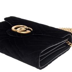 Gucci Black Chevron Velvet GG Marmont Wallet on Chain