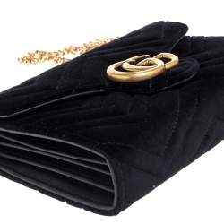 Gucci Black Chevron Velvet GG Marmont Wallet on Chain