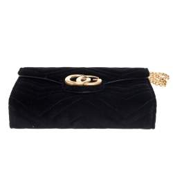 Gucci Black Chevron Velvet GG Marmont Wallet on Chain