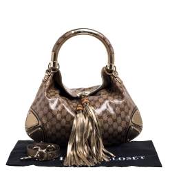 Pre Owned حقيبة هوبو غوتشى إندى بابوسكا متوسطة جلد وكانفاس كريستال ذهبية