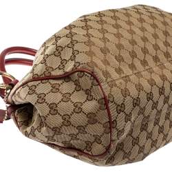 Pre Owned Gucci Maroon/Beige GG Canvas and Leather Medium Sukey Tote 