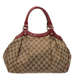 Pre Owned Gucci Maroon/Beige GG Canvas and Leather Medium Sukey Tote 