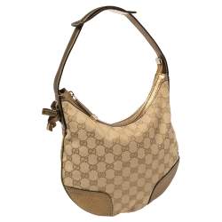 Pre Owned حقيبة هوبو غوتشى برينسى صغيرة جلد وكانفاس دى جى جى ذهبية / بيج