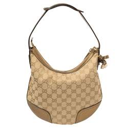 Pre Owned حقيبة هوبو غوتشى برينسى صغيرة جلد وكانفاس دى جى جى ذهبية / بيج