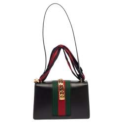 Pre Owned Gucci Black Leather Small Web Chain Sylvie Shoulder Bag
