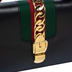 Pre Owned Gucci Black Leather Small Web Chain Sylvie Shoulder Bag