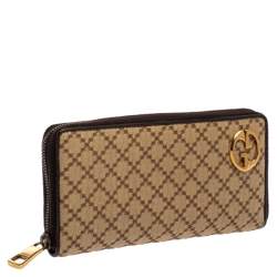 Pre Owned Gucci Beige/Brown Diamante Canvas and Leather Zip Around Wallet