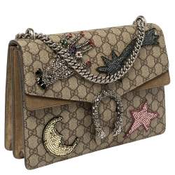 Pre Owned Gucci Beige/Brown GG Supreme Canvas and Suede Medium Dionysus Embellished Shoulder Bag