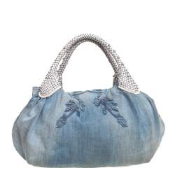 Pre Owned Fendi Light Blue Denim Embroidered Squirrel Limited Edition Spy Bag