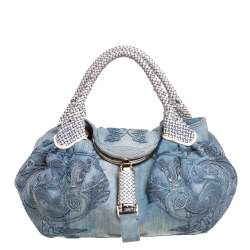 Pre Owned Fendi Light Blue Denim Embroidered Squirrel Limited Edition Spy Bag
