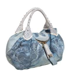 Pre Owned Fendi Light Blue Denim Embroidered Squirrel Limited Edition Spy Bag