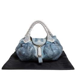 Pre Owned Fendi Light Blue Denim Embroidered Squirrel Limited Edition Spy Bag