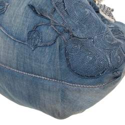 Pre Owned Fendi Light Blue Denim Embroidered Squirrel Limited Edition Spy Bag