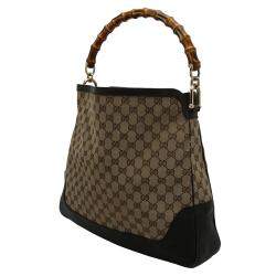 Pre Owned Gucci Beige GG Canvas Leather Peggy Bamboo Top Handle Bag