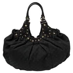 مملوكة مسبقًا Gucci Black GG Canvas and Leather Pelham Studded Hobo