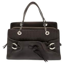 Lancel Dark Brown Braided Leather Front Pocket Tote 