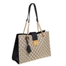 Pre Owned Gucci Beige/Black GG Supreme Canvas and Leather Padlock Bee Tote