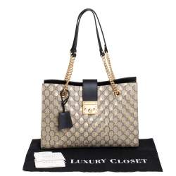 Pre Owned Gucci Beige/Black GG Supreme Canvas and Leather Padlock Bee Tote