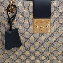 Pre Owned Gucci Beige/Black GG Supreme Canvas and Leather Padlock Bee Tote