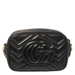 Pre Owned Gucci Black Matelassé Leather Small GG Marmont Camera Crossbody Bag
