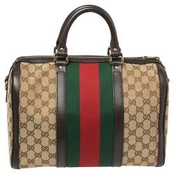 Pre Owned Gucci Beige/Brown GG Canvas and Leather Medium Vintage Web Boston Bag