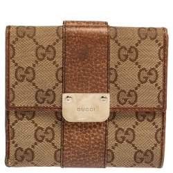 Pre Owned Gucci Beige GG Canvas and Leather French Flap Wallet