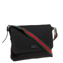Pre Owned Gucci Black Techno Canvas Web Flap Messenger Bag