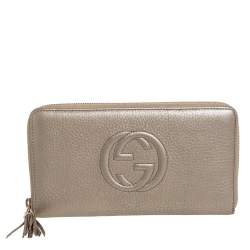 Pre Owned Gucci Metallic Beige Leather Soho Zip Around Organizer Wallet