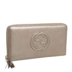 Pre Owned Gucci Metallic Beige Leather Soho Zip Around Organizer Wallet