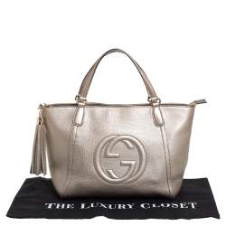 Pre Owned Gucci Metallic Beige Pebbled Leather Soho Working Tote 