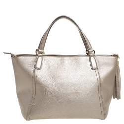 Pre Owned Gucci Metallic Beige Pebbled Leather Soho Working Tote 