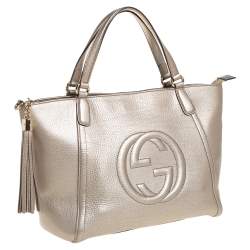 Pre Owned Gucci Metallic Beige Pebbled Leather Soho Working Tote 