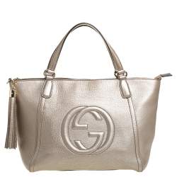 Pre Owned Gucci Metallic Beige Pebbled Leather Soho Working Tote 