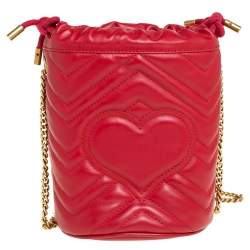 Pre Owned Gucci Red Matelasse Leather Mini GG Marmont Torchon Bucket Bag      