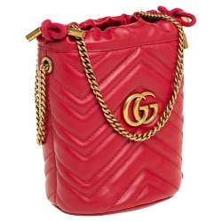 Pre Owned Gucci Red Matelasse Leather Mini GG Marmont Torchon Bucket Bag      