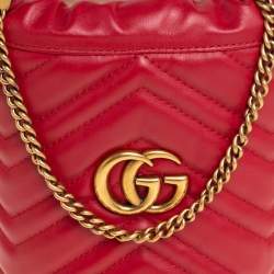 Pre Owned Gucci Red Matelasse Leather Mini GG Marmont Torchon Bucket Bag      