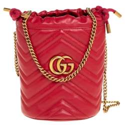 Pre Owned Gucci Red Matelasse Leather Mini GG Marmont Torchon Bucket Bag      