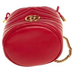 Pre Owned Gucci Red Matelasse Leather Mini GG Marmont Torchon Bucket Bag      