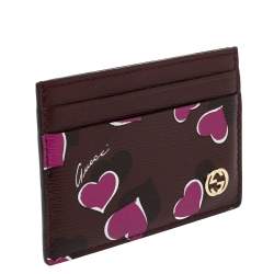 Pre Owned Gucci Burgundy Leather Heartbeat Print Card Holder