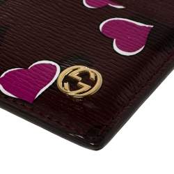 Pre Owned Gucci Burgundy Leather Heartbeat Print Card Holder