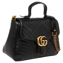 Pre Owned Gucci Black Matelasse Leather Small GG Marmont Top Handle Bag