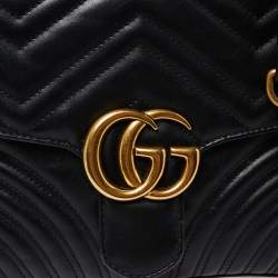 Pre Owned Gucci Black Matelasse Leather Small GG Marmont Top Handle Bag