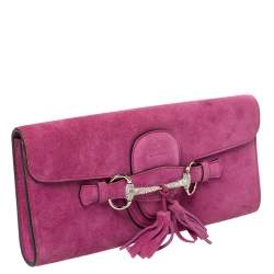 Pre Owned Gucci Fuchsia Suede Crystal Horsebit Broadway Clutch