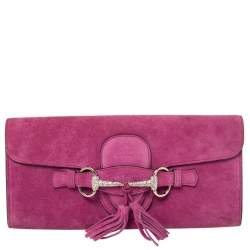 Pre Owned Gucci Fuchsia Suede Crystal Horsebit Broadway Clutch