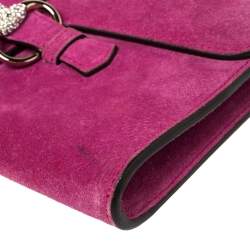 Pre Owned Gucci Fuchsia Suede Crystal Horsebit Broadway Clutch