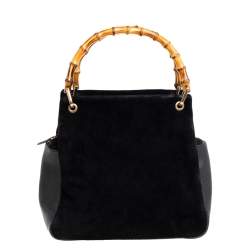 Gucci Black Suede And Leather Bamboo Tote