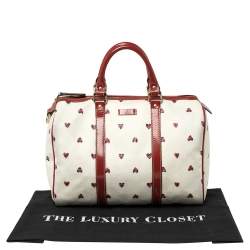 Pre Owned Gucci Red/White Coated Canvas and Patent Leather Medium Heart Joy Boston Bag