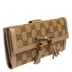 Pre Owned محفظة كونتيننتال غوتشي ببلا شراشيب بامبو جلد وكانفاس جي جي ذهبي/ بيج