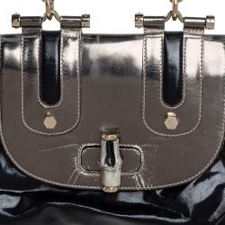 Pre Owned Gucci Black Coated Nylon and Patent Leather Dialux Pop Bamboo Top Handle Bag