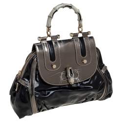Pre Owned Gucci Black Coated Nylon and Patent Leather Dialux Pop Bamboo Top Handle Bag